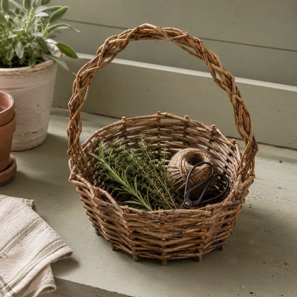 Rustic Woven Willow Branch Gathering Basket with Twisted Handle Brown Wood 1970s